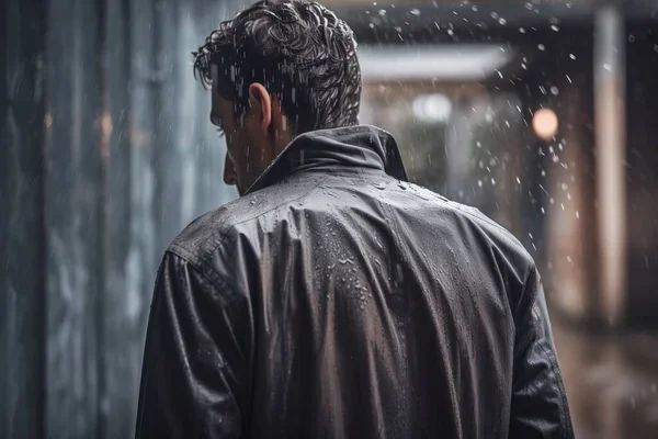 a man in a black jacket standing in the rain with his back turned to the camera and looking at the rain falling down on him.