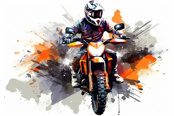 a person riding a motorcycle on a white background with orange and black paint splatters on it and a splash of paint behind the bike.