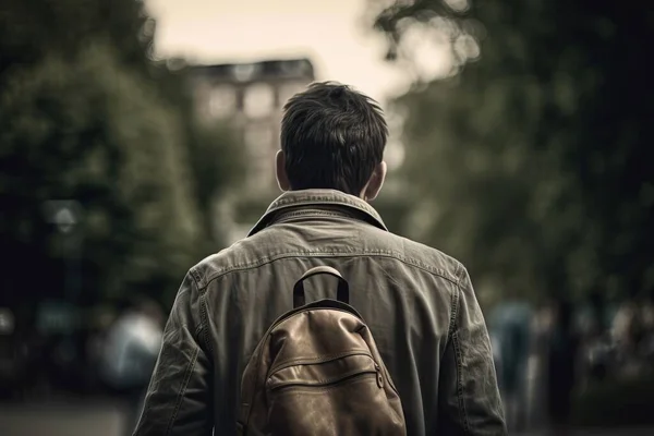 a man walking down a street with a backpack on his back and a backpack on his back, in front of a building and trees.