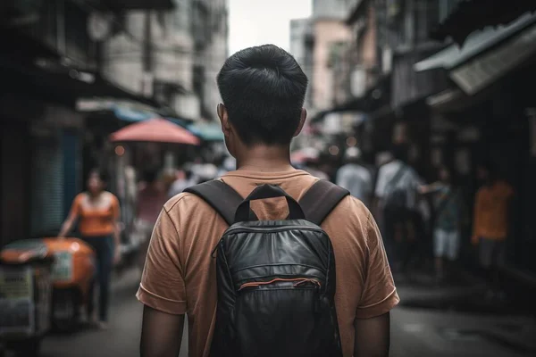 a man with a backpack is walking down the street in a crowded area of a city with people walking around and a woman standing in the background.
