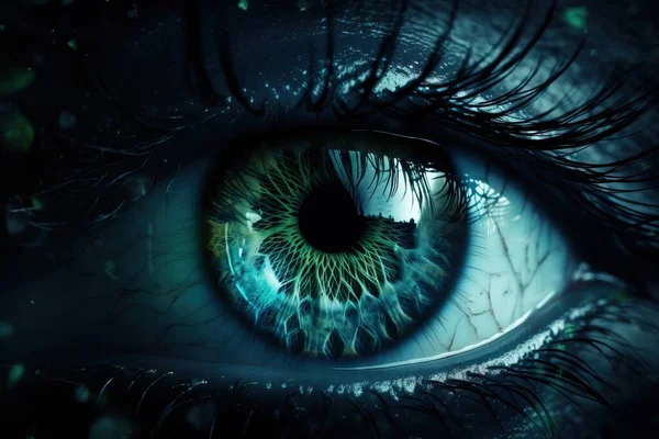 a close up of an eye with a green and blue pattern on it\'s iris and the iris of the eye showing the structure of the eye.