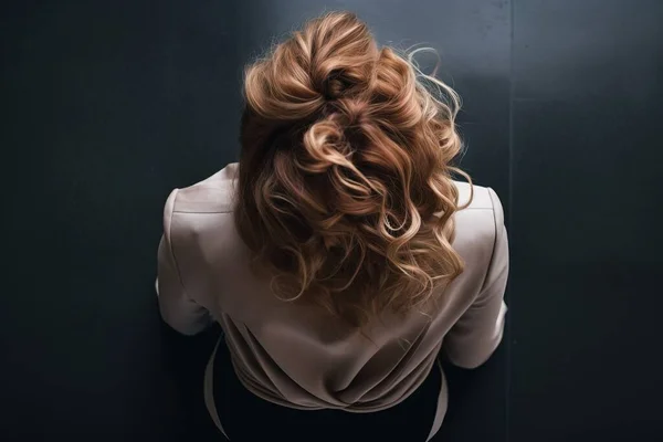 a woman with red hair standing in front of a mirror with her back turned to the camera and her hair in a low ponytail is curled up.