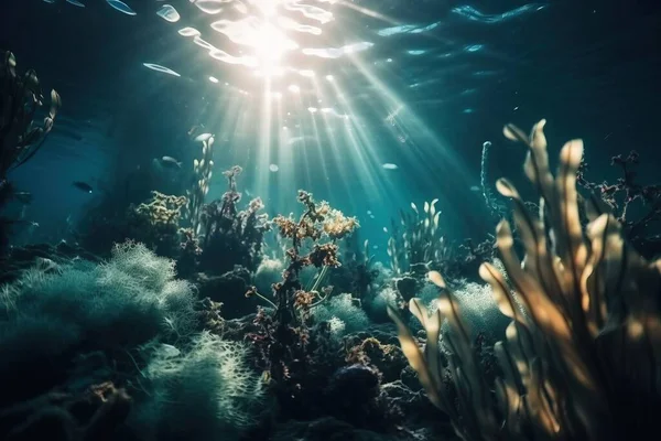 the sun shines through the water over a seaweed and seaweed bed in a coral reef in the ocean with sunlight streaming through the water.