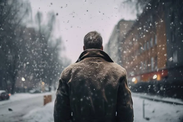 a man walking down a snowy street in the wintertime with snow falling all over the street and buildings in the background and a car parked on the road.