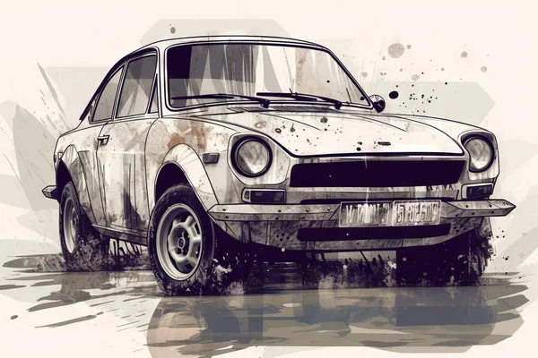 an old car painted in watercolor on a white background with a splash of paint on the front of the car and the front part of the car.