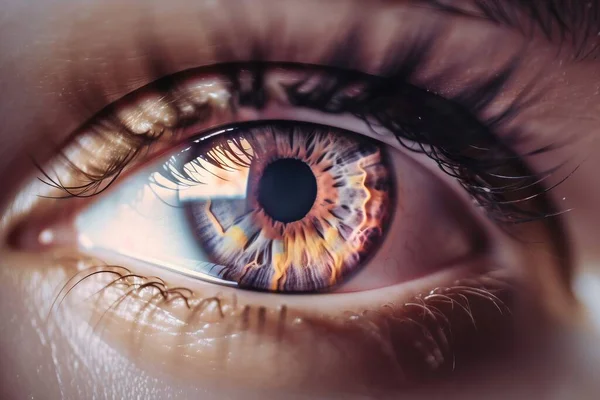 a close up of a person's eye with a blue iris and yellow iris in the center of the iris, with a black circle around the outside of the eye.