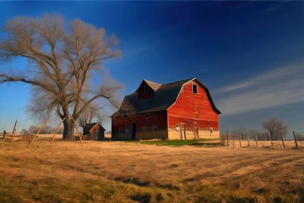 a red barn in a field with a tree in the foreground and a blue sky in the background with a few clouds in the sky.