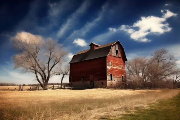 a red barn in a field with trees and a fence in the foreground and a blue sky with clouds in the background with a few wispy clouds.
