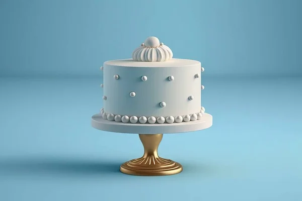 a three layer cake on a gold stand on a blue background with a blue backdrop and a white frosted cake with white polka dots.