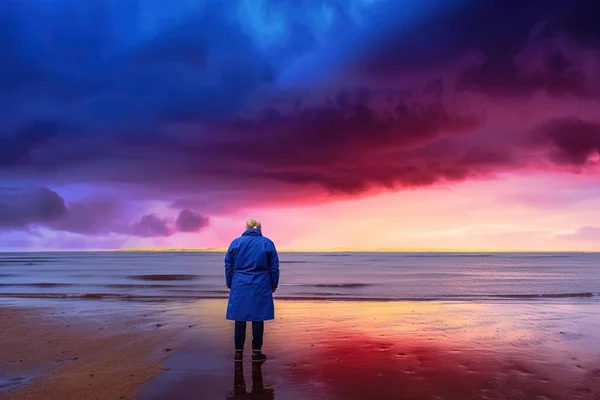 a person standing on a beach looking at the sky with a purple and blue cloud in the background and a red and purple sky in the foreground.