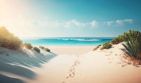 a painting of a sandy beach with footprints in the sand.