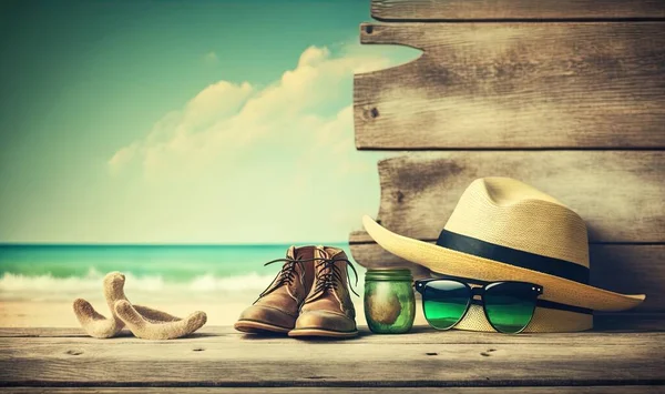 a hat, sunglasses, and a pair of boots are sitting on a beach.