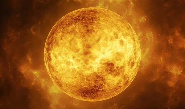 a large yellow ball of fire with a black sky in the background.
