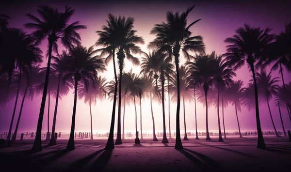 palm trees are silhouetted against a purple sunset on a beach.