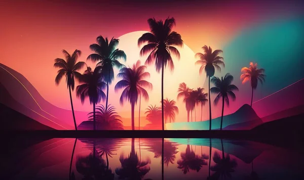 a tropical sunset with palm trees reflecting in the still water.
