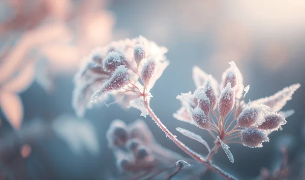 a close up of a plant with frost on it\'s leaves and branches in the foreground, with a blue sky in the background.