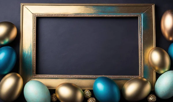 a gold frame with blue and gold eggs on a black background with a gold rope around it and a blue and gold background with a gold border.