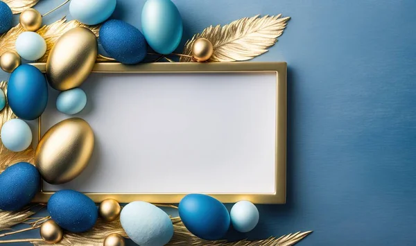 a blue and gold background with a white frame surrounded by blue and gold eggs, feathers, and a golden leaf on a blue background.