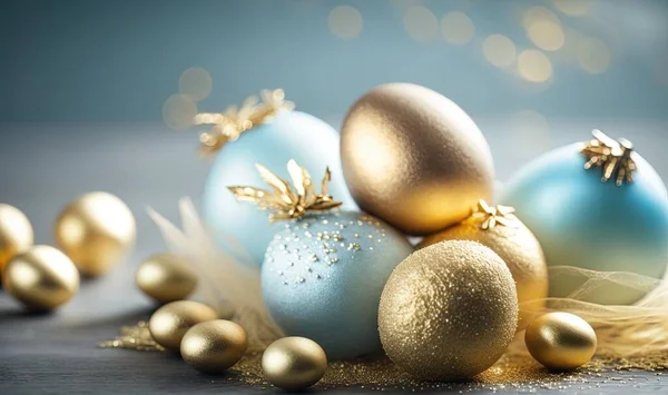 a group of blue and gold christmas ornaments on a table with gold feathers and a blue background with gold stars and snowflakes on it.
