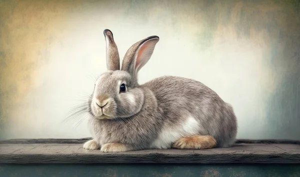 a rabbit is sitting on a ledge in a room with a green wall and a blue background and a yellow wall behind it, with a white rabbit\'s head.