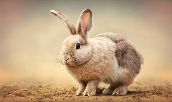 a rabbit is standing in the dirt looking at the camera with a sad look on its face and ears, with a neutral background of dirt and sand.