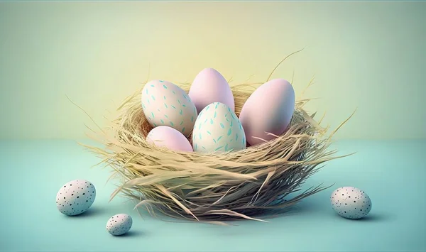 a nest of eggs with blue speckles on a light blue background, with three eggs in the nest and three eggs in the nest.