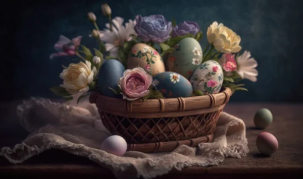 a basket filled with lots of eggs on top of a table next to a cloth covered table cloth and flowers on top of a wooden table.