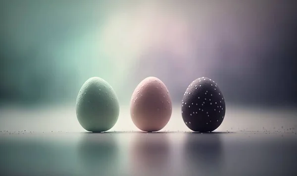 three eggs are lined up in a row on a table with a blurry back ground and a light blue back ground and a green back ground.