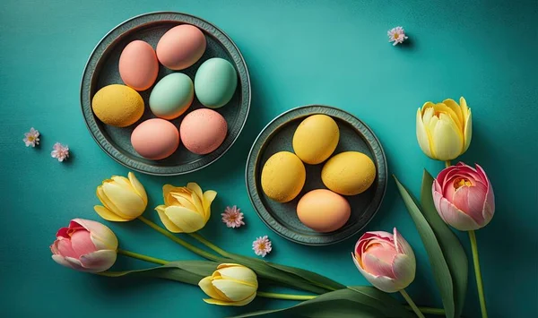 a couple of bowls filled with eggs next to some tulips and a yellow flower on a blue surface with a green surface behind them.
