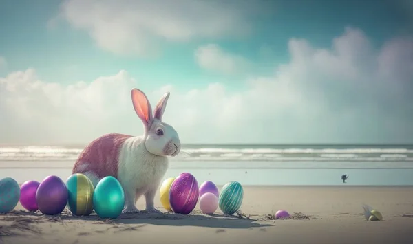 a rabbit standing in the sand with eggs around it on a beach near the ocean and a bird in the sky with clouds in the background.