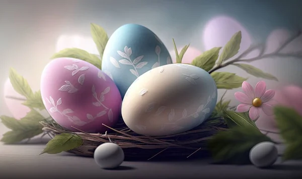 a painting of three eggs in a nest with leaves and flowers on the side of the nest, with three eggs in the center of the nest.