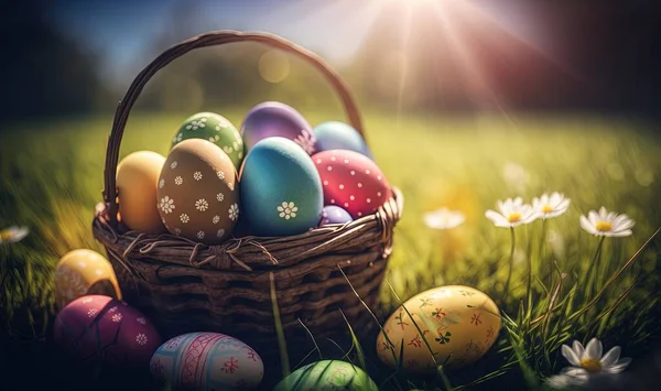 a basket filled with colorful eggs sitting on top of a lush green field with daisies and daisies in the grass next to it.