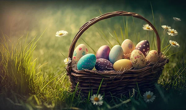 a basket filled with eggs sitting on top of a grass covered field next to daisies and a daisy flower on a sunny day with a blurry background.