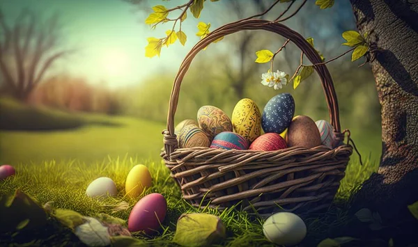 a basket full of colored eggs sitting in the grass next to a tree with leaves and flowers on it, with a green field in the background.