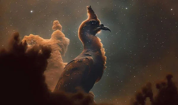 a large bird sitting on top of a tree branch in the night sky with stars in the sky behind it and a bird in the foreground.