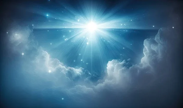 a bright star shines above the clouds in the night sky with stars in the sky and in the clouds below it is a bright blue sky with white clouds.