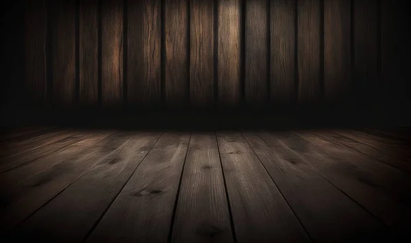 a dark room with a wooden floor and a wooden wall with a light coming from it and a spot of light shining on the floor.