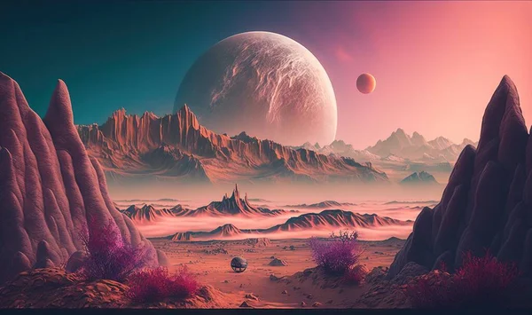 an alien landscape with mountains, rocks, and a planet in the distance with a distant star in the distance, and a distant planet in the background.