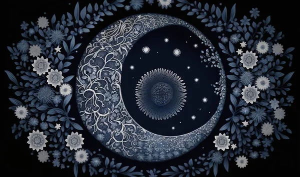 a painting of a crescent moon surrounded by leaves and flowers on a black background with stars in the middle of the moon and the moon in the middle of the middle of the.