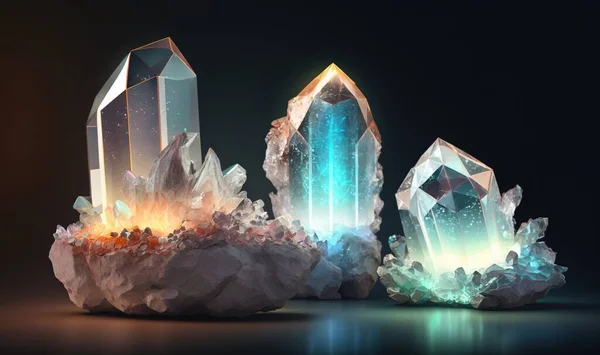 three crystal stones with a glowing glow on them, on a dark background, with a reflection of light on the top of the stones.