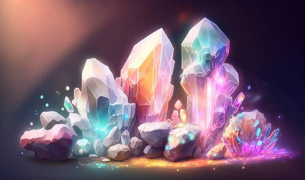 a digital painting of a cluster of crystal rocks with bright lights coming out of the top of the rocks and on the bottom of the rocks.