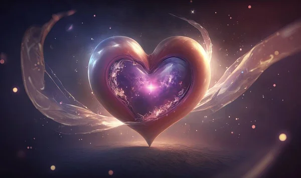 a heart shaped object with wings flying through the air and a star in the center of the heart is surrounded by stars and a purple light.