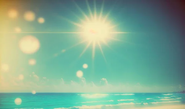 the sun shines brightly over the ocean on a sunny day with blue skies and white clouds above the ocean and a sandy beach below.