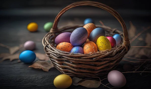 a basket filled with colorfully painted eggs on top of a table next to leaves and a brown basket filled with colorfully painted eggs.