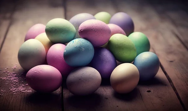 a pile of colored eggs sitting on top of a wooden table next to a pile of pink and blue eggs on top of a wooden table.