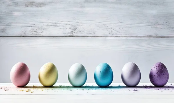 a row of painted eggs sitting on top of a white table next to a wooden wall and a white wall behind them is a white wooden plank.