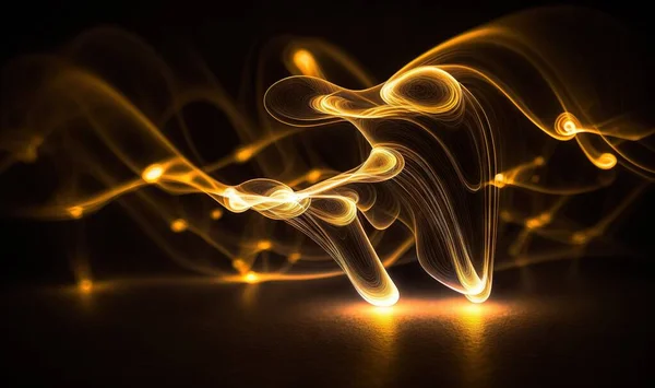 a yellow light painting on a black background with a blurry image of a person in the middle of the image and a black background with a yellow light.
