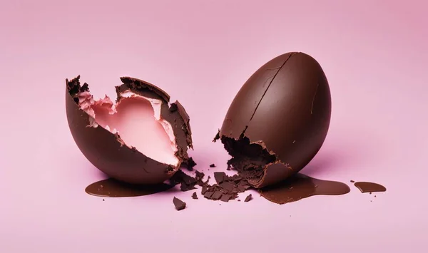 a broken chocolate egg shell with a pink and white background and a broken egg shell with a pink and white background and a broken egg shell.