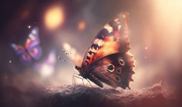 a colorful butterfly flying in the air with a blurry background of light coming from the back of the butterfly\'s wings and wings.
