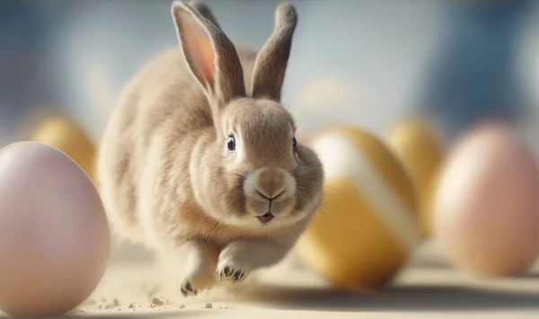 a rabbit running between two eggs in the sand with one bunny running towards the camera and the other bunny running towards the camera, with a blue sky background.